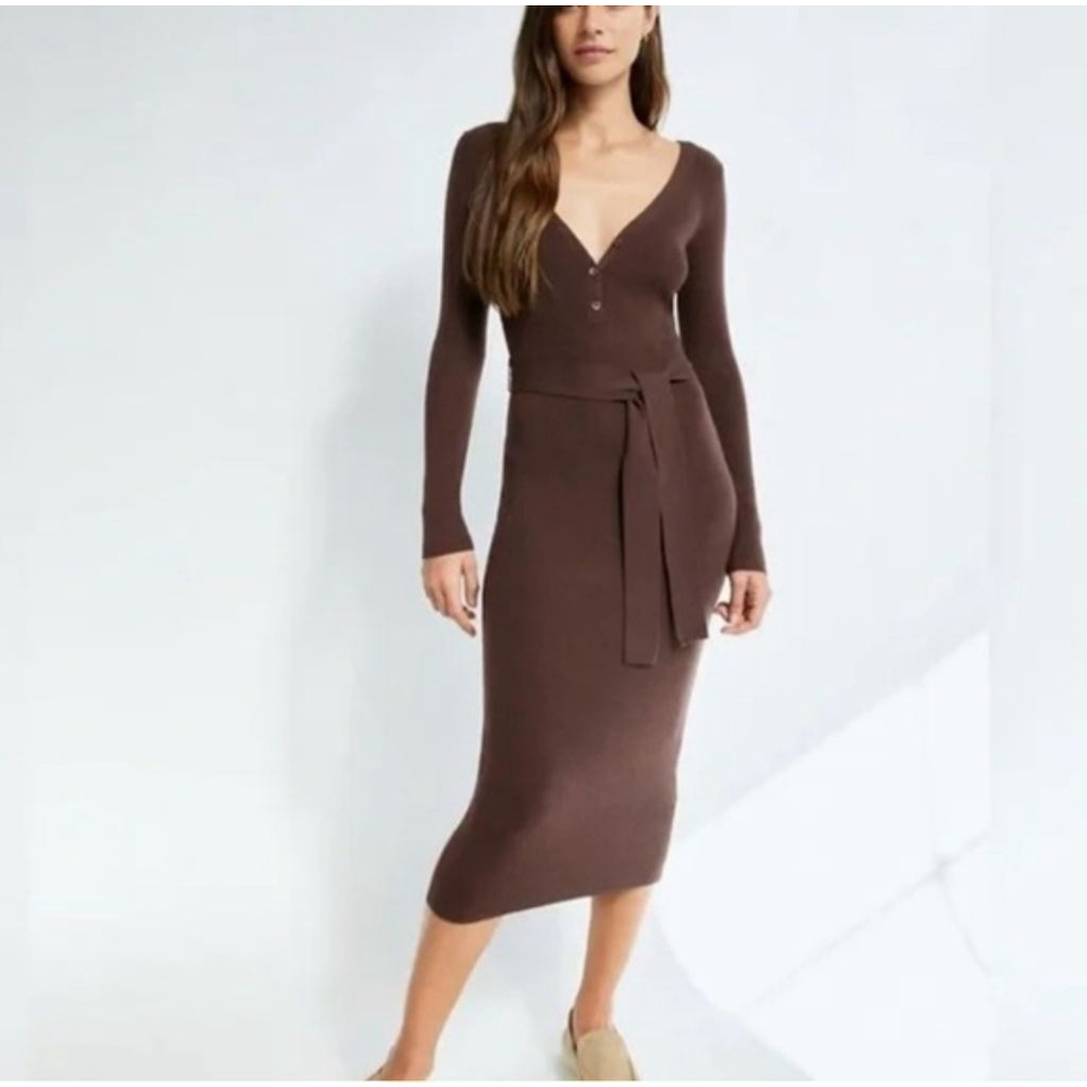 ARITZIA by Babaton Group Henley Brown Long Sleeve Ribbed Midi Sweater Dress S